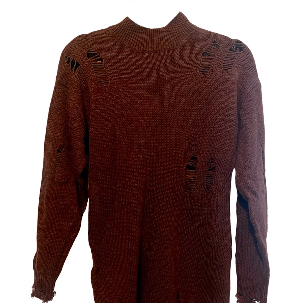 Distressed Knit Mock Neck Sweater Dress
